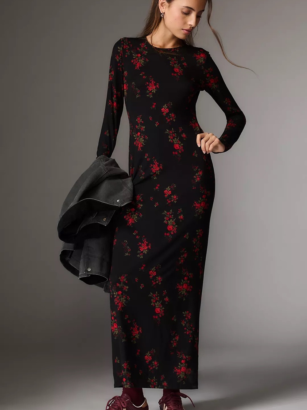 Reformation Black Maxi Dress with Red Floral Print
